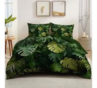 Double Tropical Duvet Cover Set 200 x 200 cm with Monstera, Palm & Fern Leaf Print Reversible Microfiber Bedding with 2 Pillowcases - Jungle-Inspired Bedroom Decor