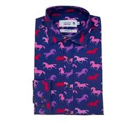 Double TWO Life Style Men's Plus Size Pure Cotton Horse Floral Print Long Sleeve Shirt (1179A) in Navy in 4XL