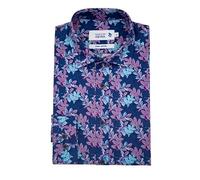 Double TWO Life Style Men's Plus Size Pure Cotton Navy Floral Print Long Sleeve Shirt (1178A) in Navy in 4XL