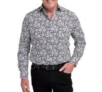 Double TWO Men's Classic Fit Floral Dress Shirt Long Sleeve Printed Smart Casual Button Down Shirt | Black & White | 17.5in Collar
