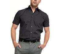 Double TWO Men's Short Sleeve Dress Shirt Easy Care Classic Fit Formal Plain Business Shirt - Black, 15.5in Collar