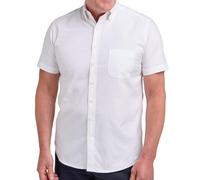 Double TWO White Men's Washed Oxford Shirt Short Sleeve Button Collar Smart Casual Cotton Shirt | M