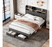 Double Upholstered Bed with Storage Drawers, Charging Ports, Linen Platform Frame with LED Night Light, 205L x 142.5W x 122H cm, Grey Aosom UK