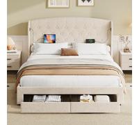 Double Upholstered Ottoman Bed with USB & Type-C Charging Station, Bed Frame with 2 Storage Drawers, 200L x 144W x 116H cm, Beige Aosom UK