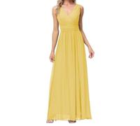 Double V Neck Princess Bridesmaid Dresses with Split Prom Dress Summer Chiffon Formal Evening Party Gown Yellow UK10