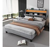 Double Velvet Upholstered Ottoman Bed with LED Light, 4 USB Ports, Lower Flap Door Storage and Soft Backrest, 204L x 140W x 107H cm, Gray Aosom.UK