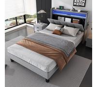 Double Velvet Upholstered Ottoman Bed with LED Light, 4 USB Ports, Lower Flap Door Storage and Soft Backrest, 204L x 96W x 107H cm, Gray Aosom.UK