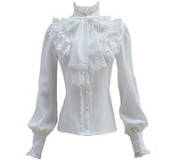 Double Villages Women's Pleated Skirt Ruffle Chiffon Blouse Retro Victorian Lolita Blouse (White, S)