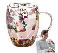 Double Wall Coffee Cups and Tumblers - 350 ml | Glass Coffee Cups with Insulated Oak Layer Design, Use of Hot and Cold Drinks, Dry Flower Double Wall Glass | Kitchen, Cafeter