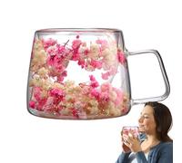 Double Wall Coffee Mug - 200ml Clear Flower Coffee Mug, Spring Coffee Cup with Handle, Creative Dry Flower Mugs | Double Wall Insulated Clear Mug with Flowers for Coffee, Tea, Juices, and Drinks