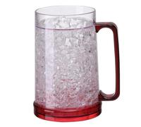 Double Wall Frozen Beer Mugs for Freezer, 5.2x6.1 Inch Clear Plastic Ice Cups with Handles & Non-Slip Base, Reusable Chilled Beer Glasses for Parties & Outdoor, Red