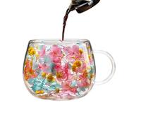 Double Wall Glass Cup | 250ML Colorful Petals Drinking Glassware - with Handle Insulated Dried Flower Double Wall Cup | for Home Bar Hot Cold Water Whiskey Beer