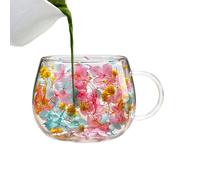 Double Wall Glass - Insulated Drinkware Cup, 3.74 Inches Temperature Control with Floral Design, Beverage Cup with Heat Resistant Build, Kitchen Accessory Elegant Style, Glass Mug for Hot Cold