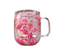 Double Wall Glass Mugs - Clear Insulated Coffee and Tea Cups with Handle, Decorative Dried Flower Design, Perfect for Whiskey, Milk, Beer, Hot Beverages, Indoor Outdoor Use at Home, Garden, Picnic