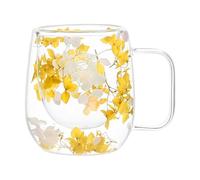 Double Wall Glass Mugs - Dried Flower Glass Coffee Mugs | Clear Coffee, Double-Layered Heat Insulation Cup with Handle 200ml for Espresso, Cappuccino, Latte