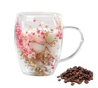 Double Wall Glass Mugs with Floral Pattern - 350ml, Insulated Glass Coffee Cups, Transparent, for Hot Or Cold Drinks, Pink