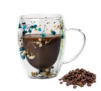 Double Wall Glass Mugs with Floral Pattern - 350ml, Insulated Glass Coffee Cups with Dried Flowers, Transparent, for Hot or Cold Drinks, Blue