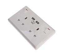 Double Wall Plug Socket 2 Gang 13A with 2 USB Charger Port Outlets Plate White - BS1363