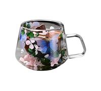 Double Wall Tumblers - Insulated Glass Coffee Cup, Round Cups in Double Glass, 200 ml Smooth Handle Anti-Scald | Floral Fusion Glass Cups with Anti-Scald Handle for