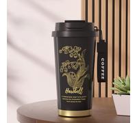 Double Wall Vacuum Insulated Travel Mug, 500ml, Stainless Steel Inner Liner, Dual-Lid Design with Straw and Direct-Drink Opening, Floral Pattern (Black)