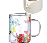 Double Walled Dried Flowers Coffee Cup, 250ml Dried Flowers Clear Coffee Mugs with Anti-Scalding Handle, Creative Flowers Clear Drinking Tea Cup