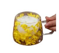 Double Walled Glass Coffee Cup, 200ml Dried Flowers Glass Mug with Handle | Insulated Hot Chocolate Mug, Clear Cappuccino Cup for Coffee Tea Milk Hot Chocolate Juice Ice Cream