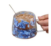 Double Walled Glass Coffee Cup, 200ml Dried Flowers Glass Mug with Handle | Insulated Hot Chocolate Mug, Clear Cappuccino Cup for Coffee Tea Milk Hot Chocolate Juice Ice Cream