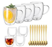 Double Walled Glass Coffee Cups and Mugs, 4x350ml & 4x80ml Heat Resistant Cappuccino Latte Macchiato Glasses Cups with 8 Scoops, Clear Borosilicate Glass Cup for Hot Drinks Tea Milk Juice Ice Cream