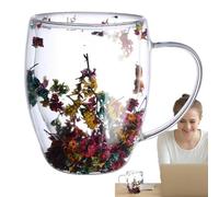 Double-Walled Glass Coffee Cups, Double-Walled Glass Coffee Cups - Aesthetic Clear Coffee Cup with Dried Flowers | Lightweight Glass Cups with Large Capacity and Handle for Hot and