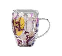 Double Walled Glass Coffee Mug 350ML, Dried Flowers Insulated Glass Coffee Cups with Handle, Flower Glass Tea Cup, Heat Resistant Cappuccino Latte Glasses Gi-fts for Milk, Tea, Hot Cold Beverages