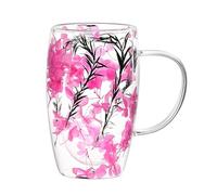 Double Walled Glass Coffee Mug 450 Ml/15 Oz Clear Flowers Coffee Cup with Handle Beverage Glasses for Cappuccino Latte Milk Tea Juice (A)