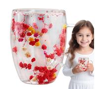 Double Walled Glass Coffee Mug | Ergonomic Handle Glass Mugs - Coffee Mug Built-in Selected Dried Flowers for Family Friends