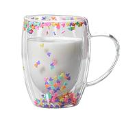 Double Walled Glass Coffee Mug with Handle, 350ml Double Walled Coffee Mug, Aesthetic Insulated Floral Glass Mug for Cappuccino Tea Latte Juice