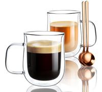 Double Walled Glass Coffee Mugs 12 OZ, Borosilicate Glass Coffee Cups Set of 2 with Spoons, Insulated Clear Coffee Mug for Hot Beverages, Cappuccino, Latte, Tea Bag.