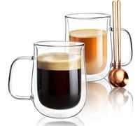 Double Walled Glass Coffee Mugs 16 OZ, Borosilicate Glass Coffee Cups Set of 2 with Spoons, Insulated Clear Coffee Mug for Hot Beverages, Cappuccino, Latte, Tea Bag.