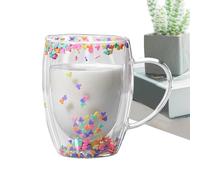 Double Walled Glass Coffee Mugs, 350ml Aesthetic Clear Insulated Glass Coffee Mug, Lightweight Large Capacity Glass Cup for Hot and Cold Beverages Women Girls, Quick-sand Double-Layer Glass Cup