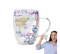 Double Walled Glass Coffee Mugs, 350ml Aesthetic Clear Insulated Glass Coffee Mug, Lightweight Large Capacity Glass Cup for Hot and Cold Beverages Women Girls, Quick-sand Double-Layer Glass Cup