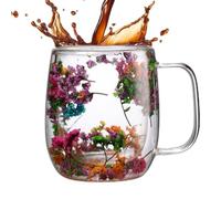 Double Walled Glass Mugs | Elegant Cup with Dried Flower Design,Beverage Glasses Tea Mug Espresso Cups for Cappuccino Milk Juice Cold Drinks