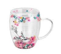 Double Walled Insulated Coffee Mug - Decorative Latte Glass Cup Flower Decorated Glass Mug | Glass Cappuccino Cup with Floral Pattern for Hot Drinks Elegant Flower Coffee Mug Glass for