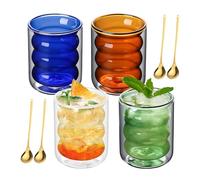 Double Walled Mini Ripple Glass Ice Coffee Cup Set Drinking Glasses Thermo Glasses Made of Borosilicate Glass for Latte, Cappuccino, Cocktail, Water,Matcha, Juice,Milk with 4 Stainless Steel Spoons