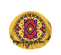 Double Waterproof Bathing Shower Cap Art Circle Culture Colors Folk Flower Yellow Reusable Fashion Shower Hat For Women Beauty, BathHair Spa, Home Hotel Travel Use