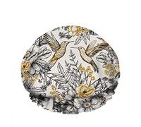 Double Waterproof Bathing Shower Cap Beige Bird Floral Flower Garden Romantic Bud Gold Reusable Fashion Shower Hat For Women Beauty, BathHair Spa, Home Hotel Travel Use