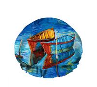 Double Waterproof Bathing Shower Cap Boats Sea Sunset Water Art Blue Color Harbor Reusable Fashion Shower Hat For Women Beauty, BathHair Spa, Home Hotel Travel Use