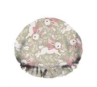 Double Waterproof Bathing Shower Cap Cute Running Bunny Blooming Meadow Rabbit Cartoon Flower Reusable Fashion Shower Hat For Women Beauty, BathHair Spa, Home Hotel Travel Use