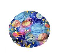 Double Waterproof Bathing Shower Cap Galaxy Moon Universe Sun Starry Planets Comets Asteroids Reusable Fashion Shower Hat For Women Beauty, BathHair Spa, Home Hotel Travel Use
