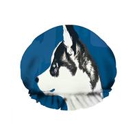 Double Waterproof Bathing Shower Cap Husky Dog Blue Eyes Sight Ahead Black Ear Reusable Fashion Shower Hat For Women Beauty, BathHair Spa, Home Hotel Travel Use