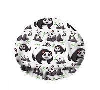 Double Waterproof Bathing Shower Cap Mammal Panda Bear Different Behavior Playing Bamboo Leaf Reusable Fashion Shower Hat For Women Beauty, BathHair Spa, Home Hotel Travel Use