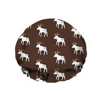 Double Waterproof Bathing Shower Cap Many Small White Deer Cute Cartoon Horn Brown Reusable Fashion Shower Hat For Women Beauty, BathHair Spa, Home Hotel Travel Use