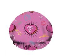 Double Waterproof Bathing Shower Cap Pink Romantic Love Jewel Lighting Heart Hand Star Reusable Fashion Shower Hat For Women Beauty, BathHair Spa, Home Hotel Travel Use