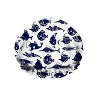 Double Waterproof Bathing Shower Cap Pretty Cartoon Fishes Ocean Sea Characters Wihte Blue Reusable Fashion Shower Hat For Women Beauty, BathHair Spa, Home Hotel Travel Use